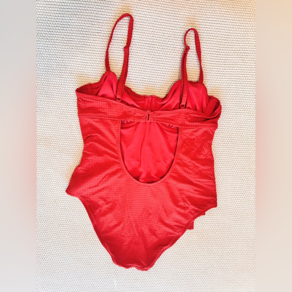 RHODE Ruched Tummy Embossed Dot Ruffle Red One Piece Swimsuit - Picture 5 of 13
